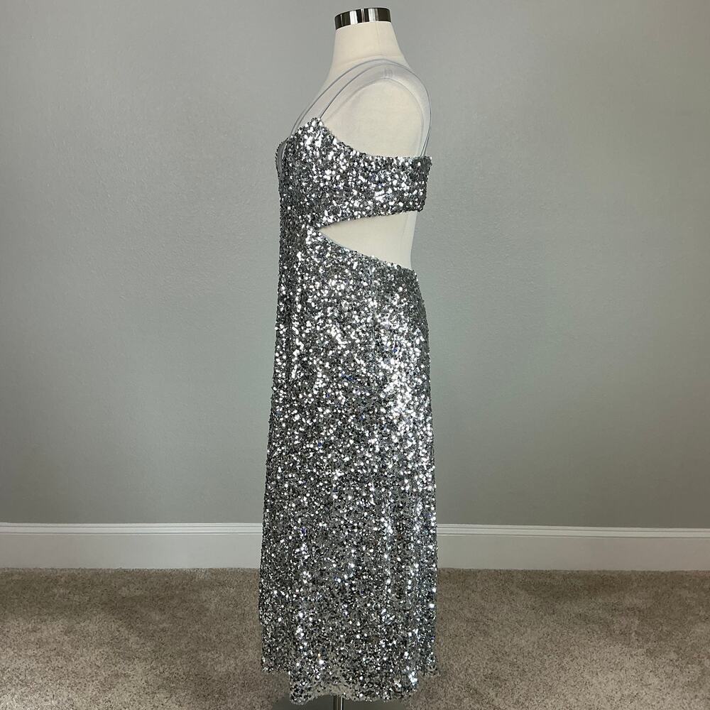 Sachin & Babi Sequined Cut Out Midi A-Line Evening Gown Silver Size 14 Dress - Picture 6 of 13